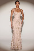 Embellished Appliqué Soft-Scoop Corset Gown in Sand