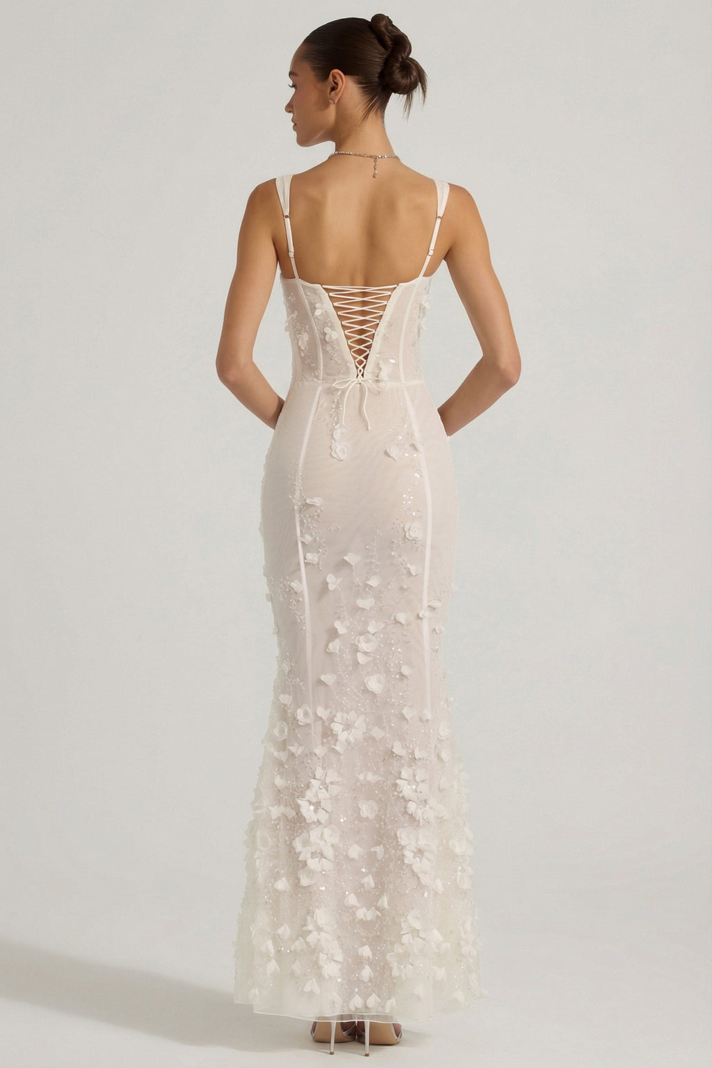 Embellished Appliqué Soft-Scoop Corset Gown in Snow