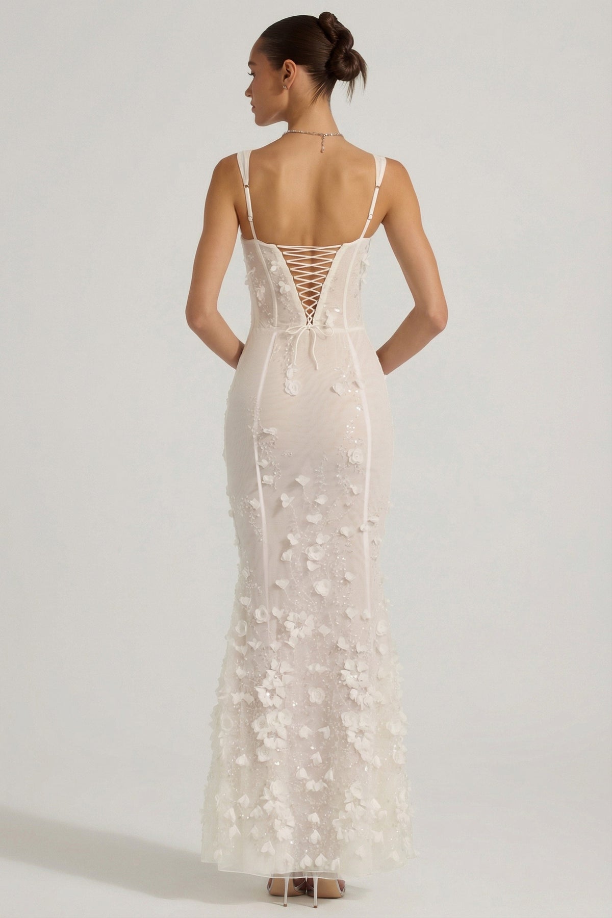 Embellished Appliqué Soft-Scoop Corset Gown in Snow