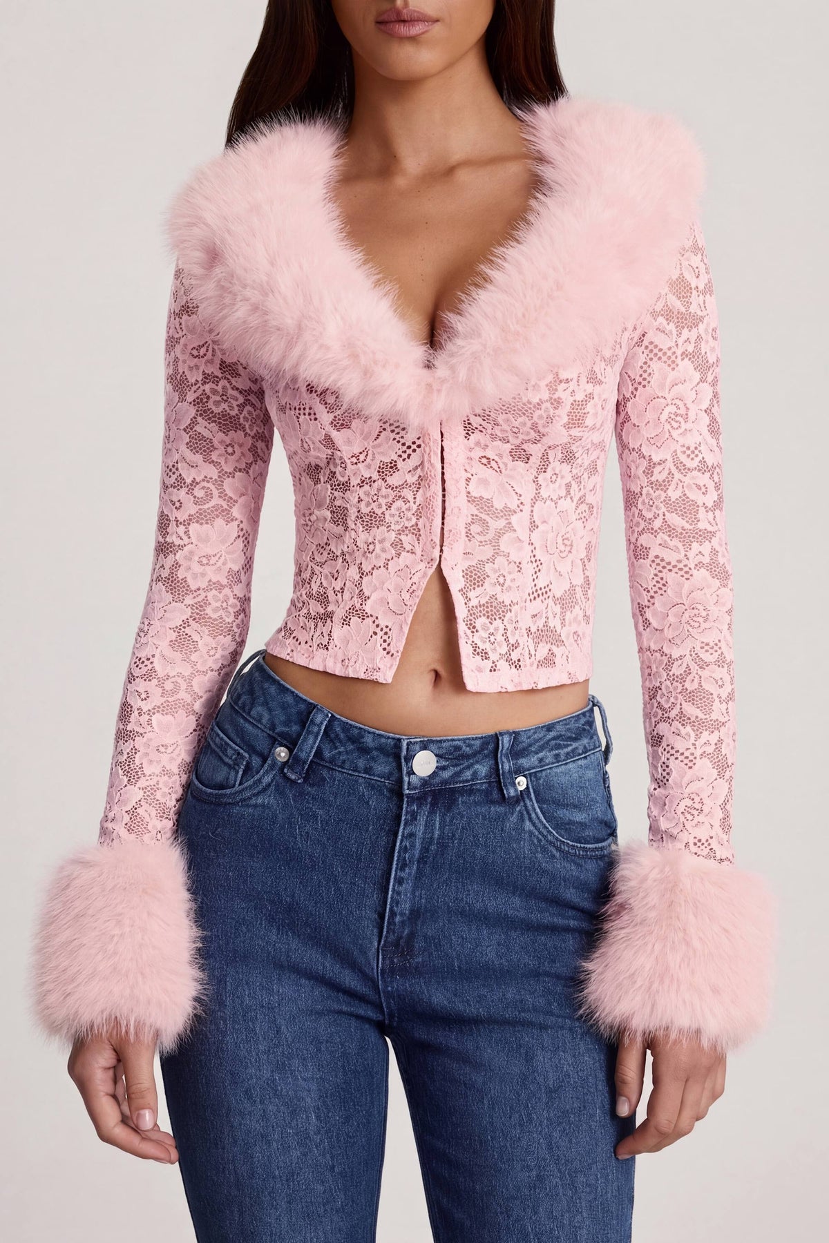 Sheer Lace Faux-Fur-Trim Cardigan in Pink