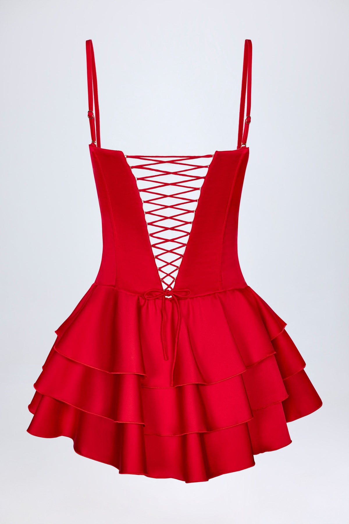 Ruffled Lace-Up Corset Playsuit in Fire Red