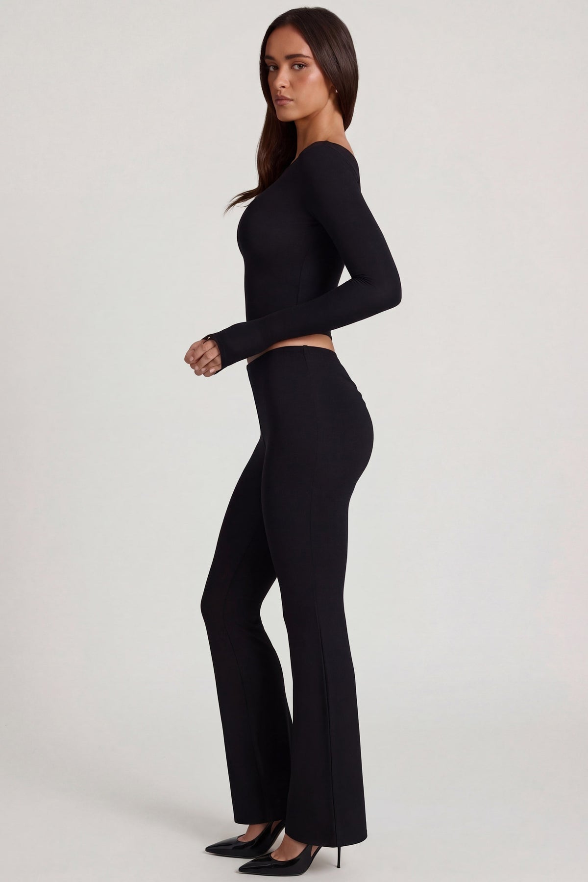 Modal Mid-Rise Flared Trousers in Black
