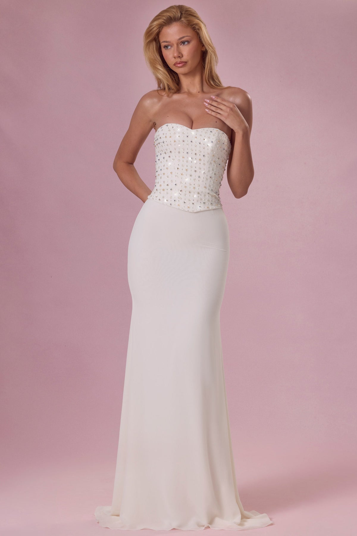 Embellished Corset Strapless Gown in Pearl