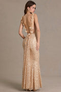 Embellished Open-Back Maxi Dress in Gold