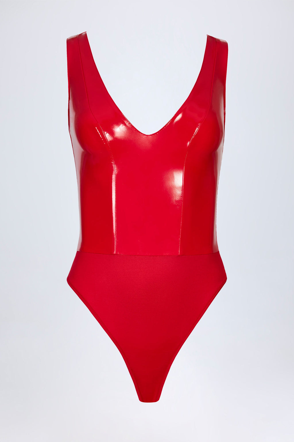 Glossy Vinyl Plunge-Neck Bodysuit in Fire Red