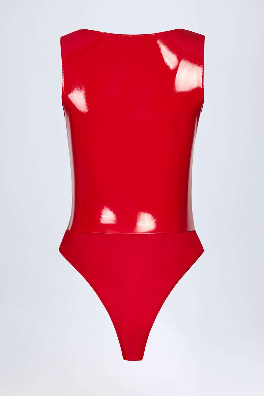 Glossy Vinyl Plunge-Neck Bodysuit in Fire Red