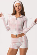 Ribbed Jersey Cropped Hoodie in Pink Stripe