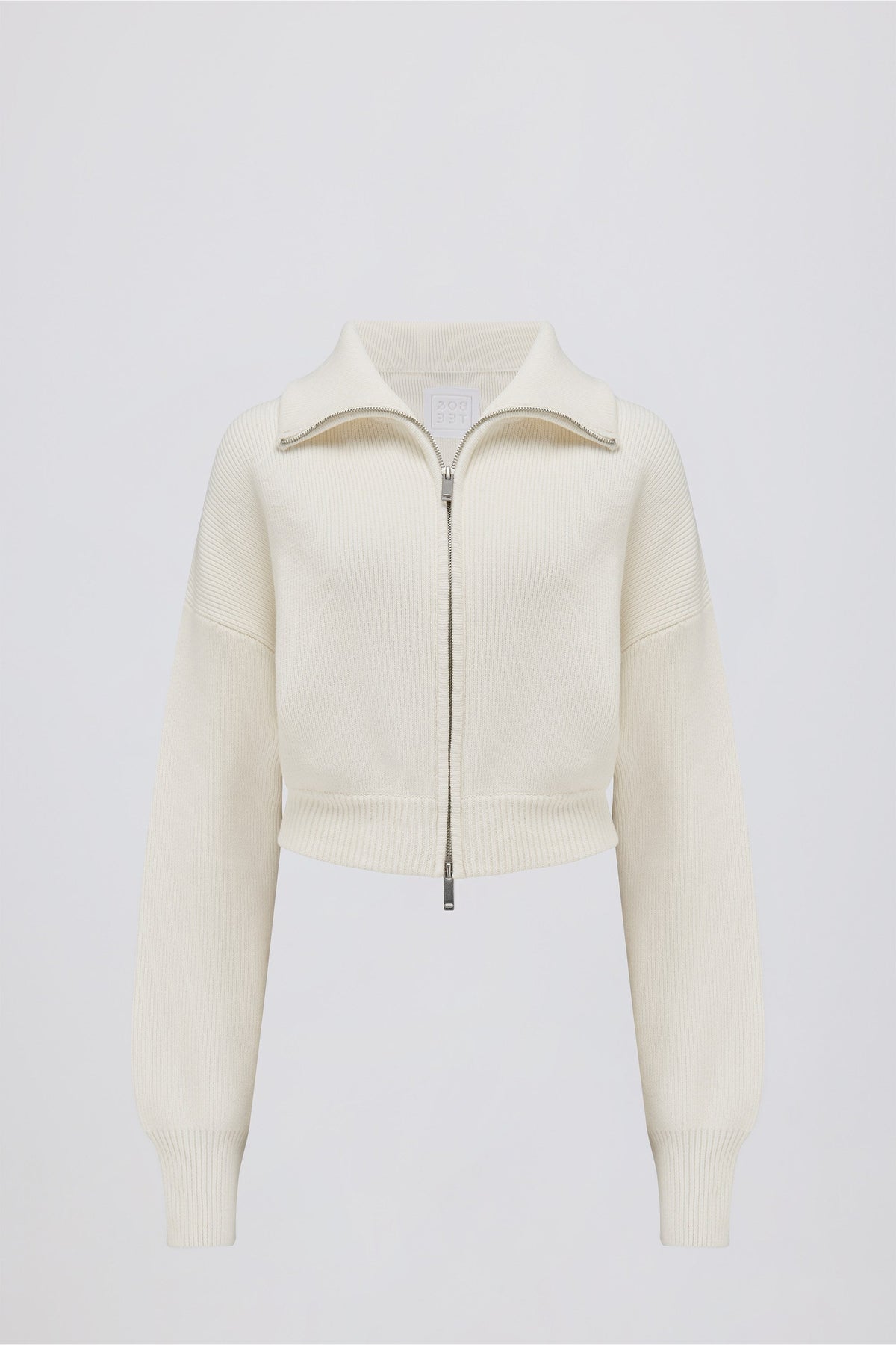 Ribbed Knit Zip-Up Cropped Sweatshirt in Ivory