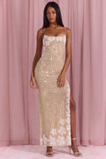 Embellished Square-Neck Maxi Dress in Gold