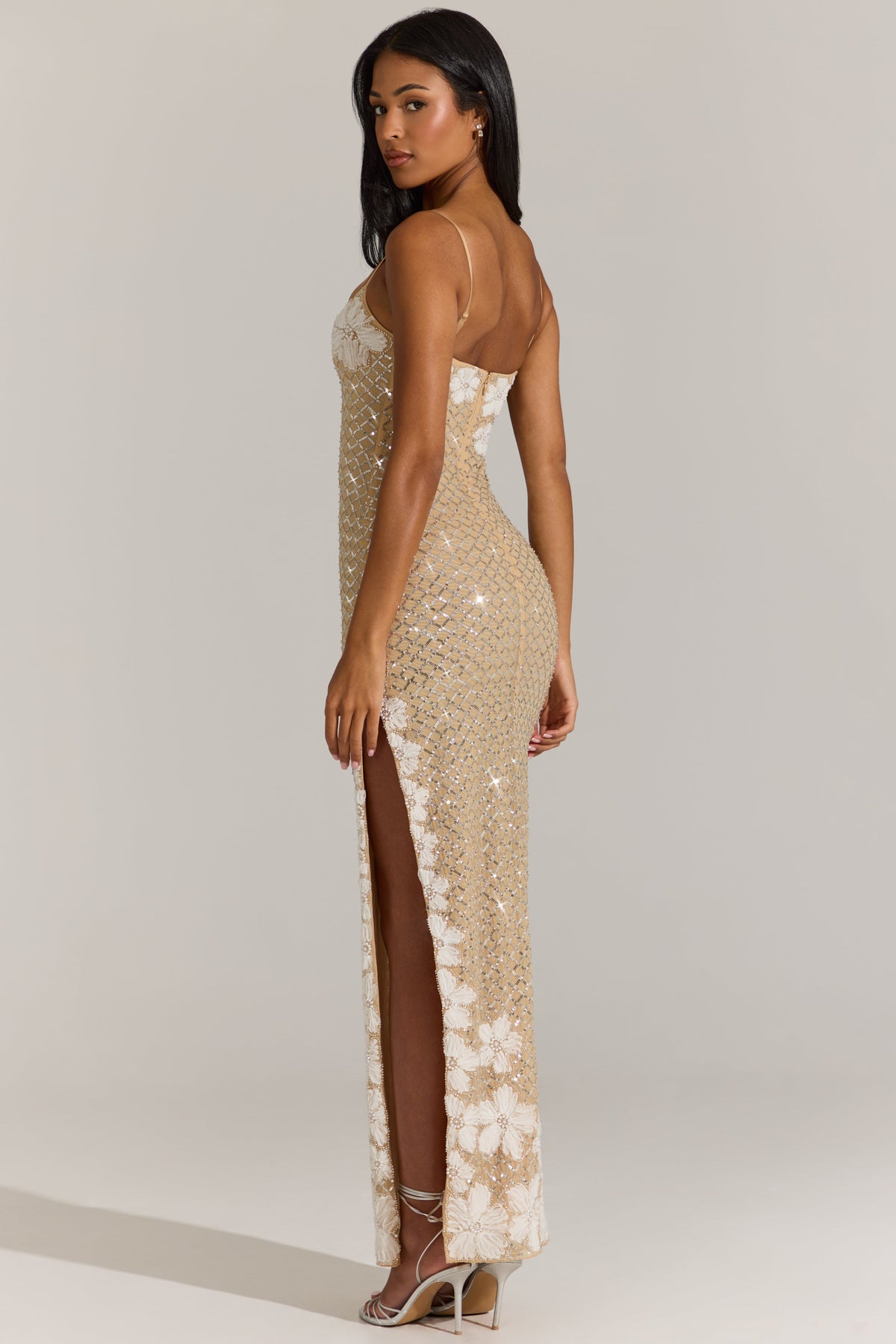 Embellished Square-Neck Maxi Dress in Gold