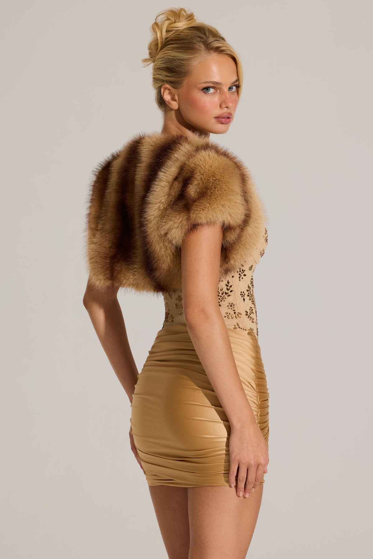 Faux-Fur Short Sleeve Bolero in Mink