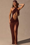 Cut-Out Halterneck Maxi Dress in Espresso Brown