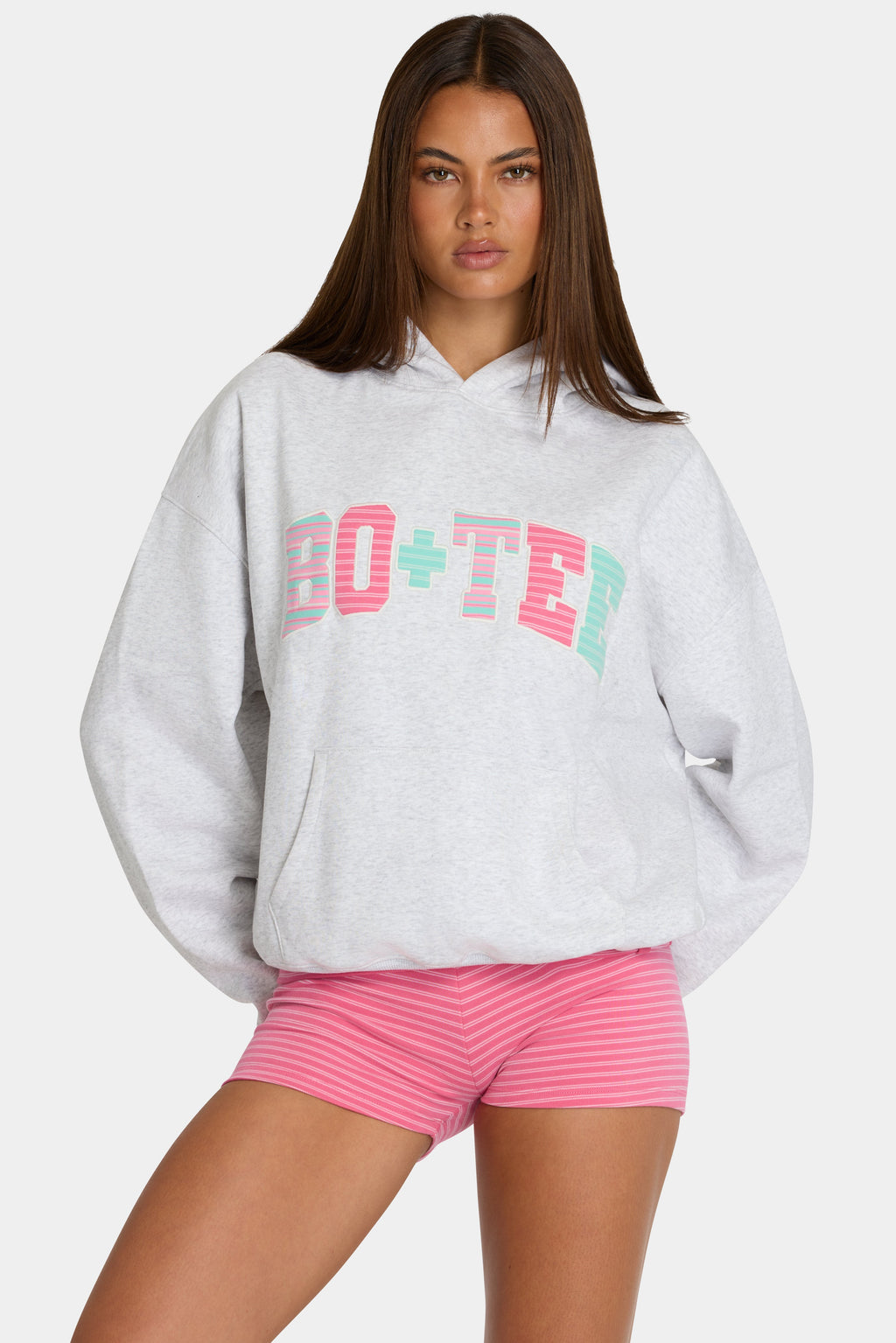 Oversized Applique Hoodie in Grey Marl Stripe