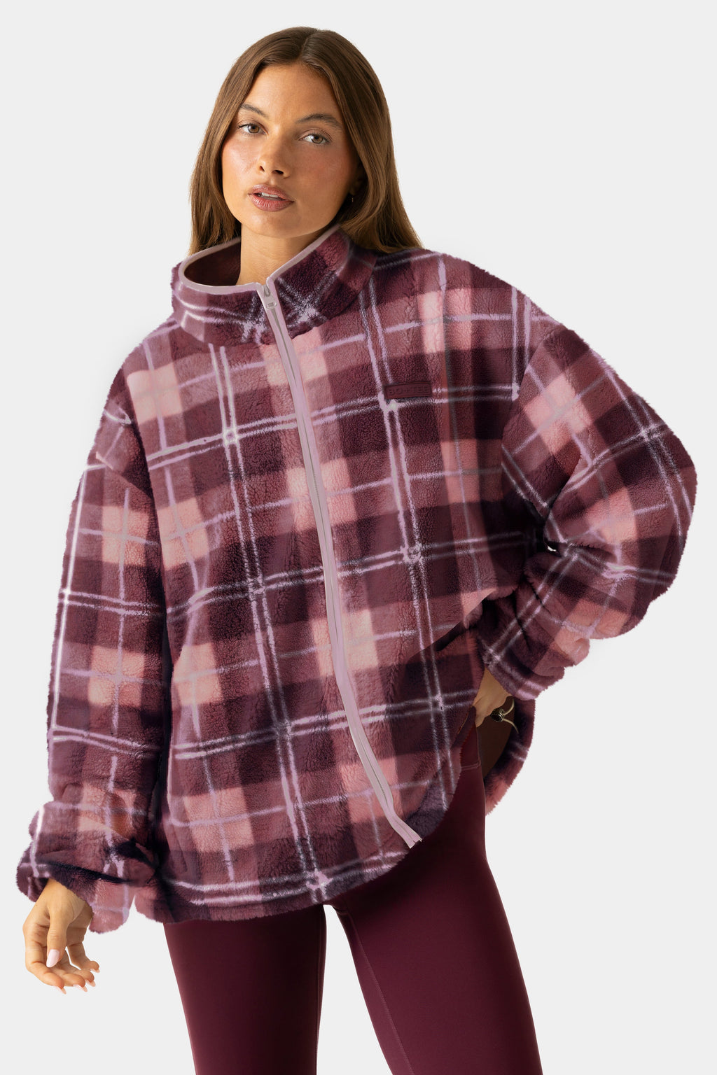 Oversized Zip-Up Fleece in Plum Plaid
