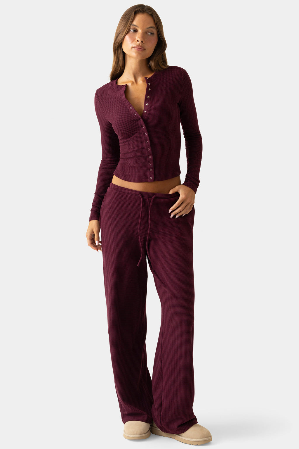 Ribbed Jersey Crewneck Cardigan in Plum