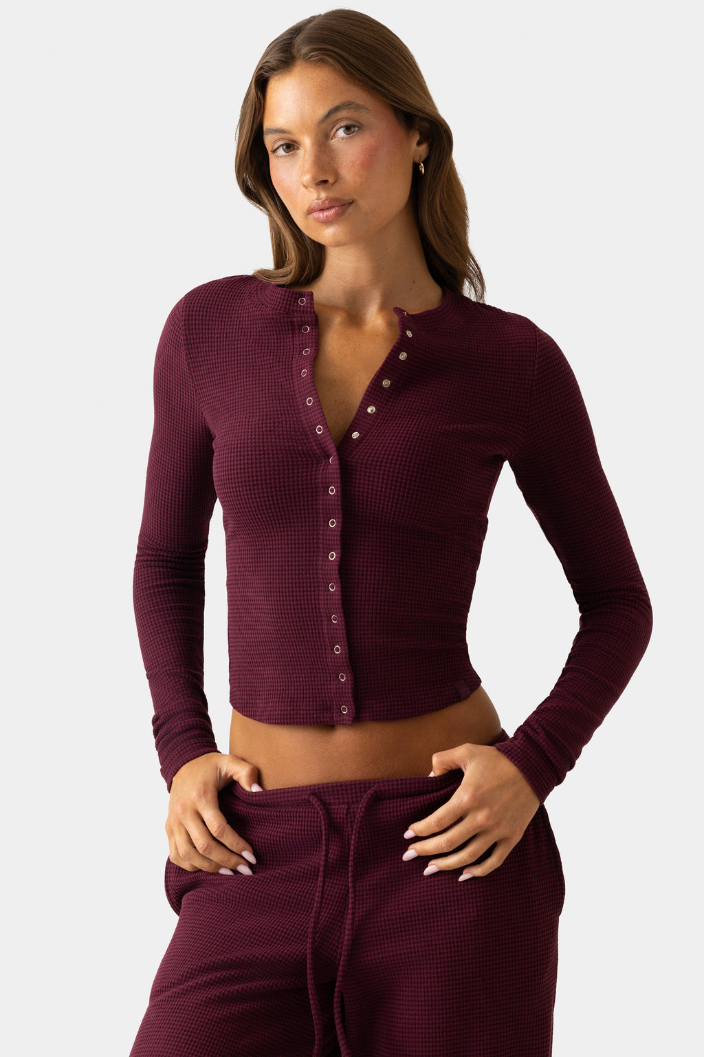 Ribbed Jersey Crewneck Cardigan in Plum