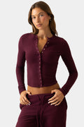 Ribbed Jersey Crewneck Cardigan in Plum