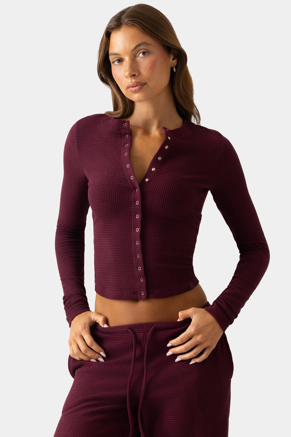 Ribbed Jersey Crewneck Cardigan in Plum