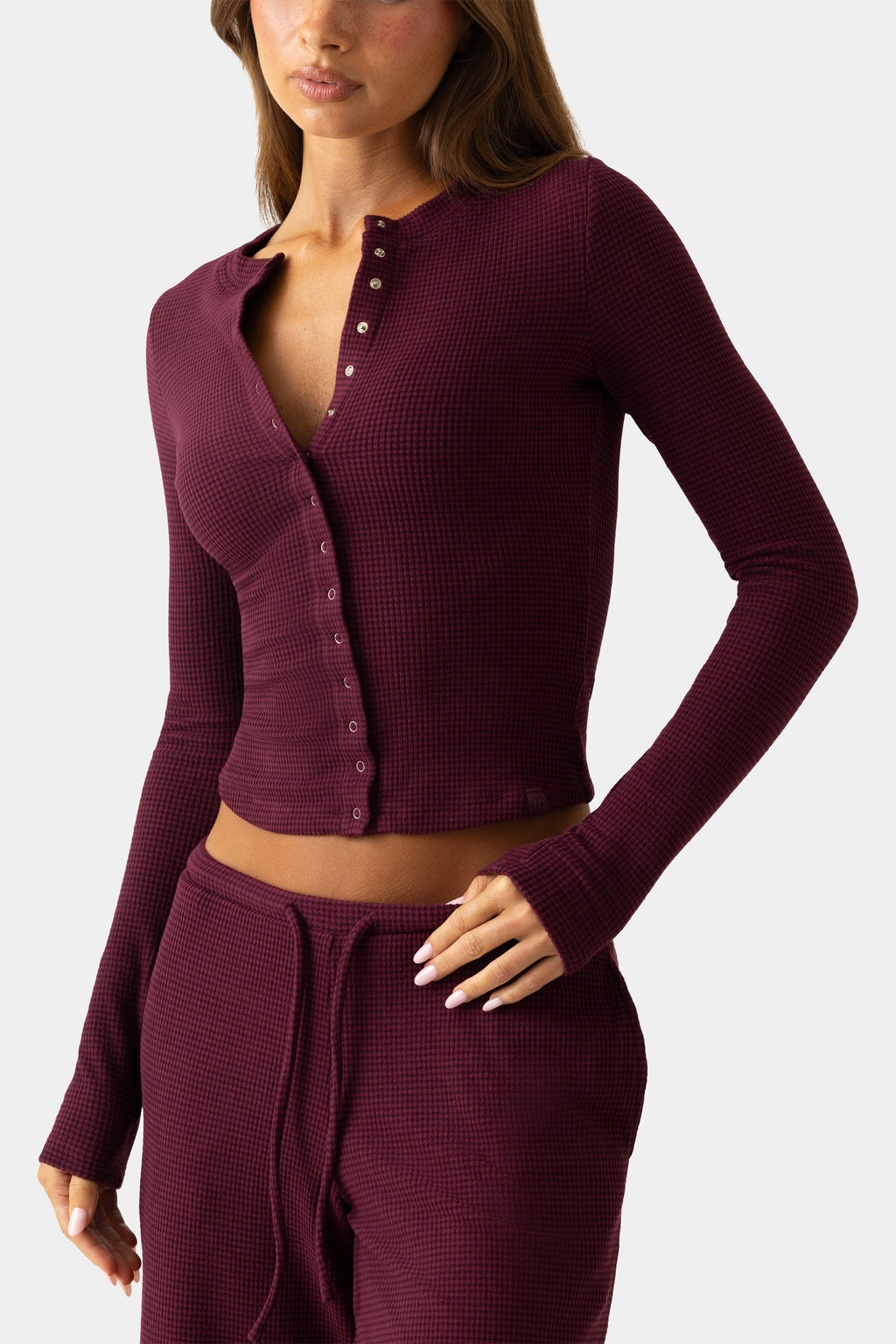 Ribbed Jersey Crewneck Cardigan in Plum