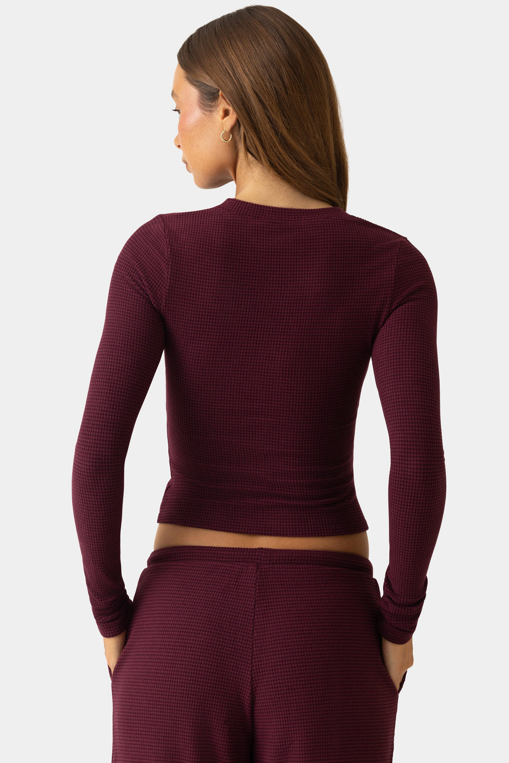 Ribbed Jersey Crewneck Cardigan in Plum
