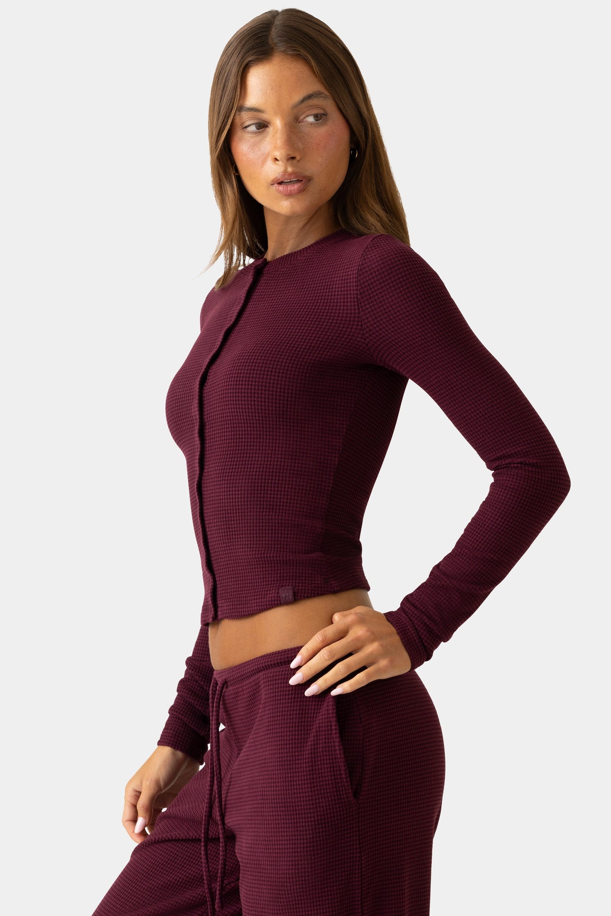 Ribbed Jersey Crewneck Cardigan in Plum