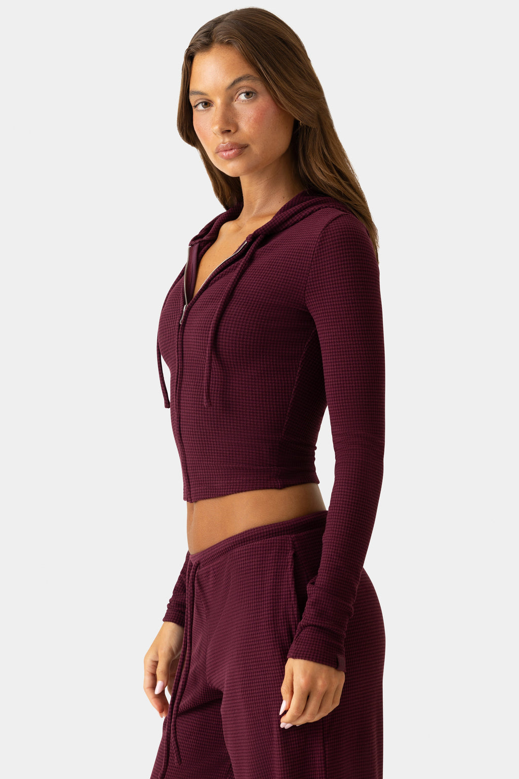 Ribbed Jersey Cropped Hoodie in Plum