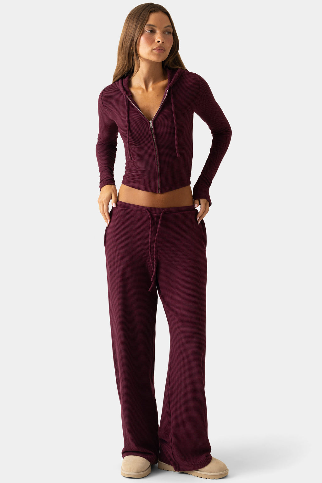 Ribbed Jersey Low-Rise Trousers in Plum
