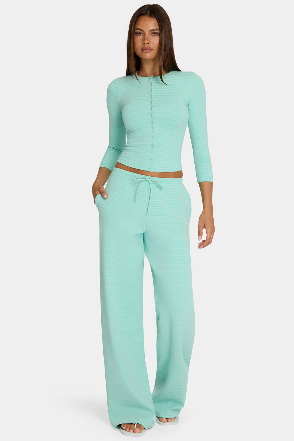 Brushed Jersey Low-Rise Trousers in Aqua Stripe