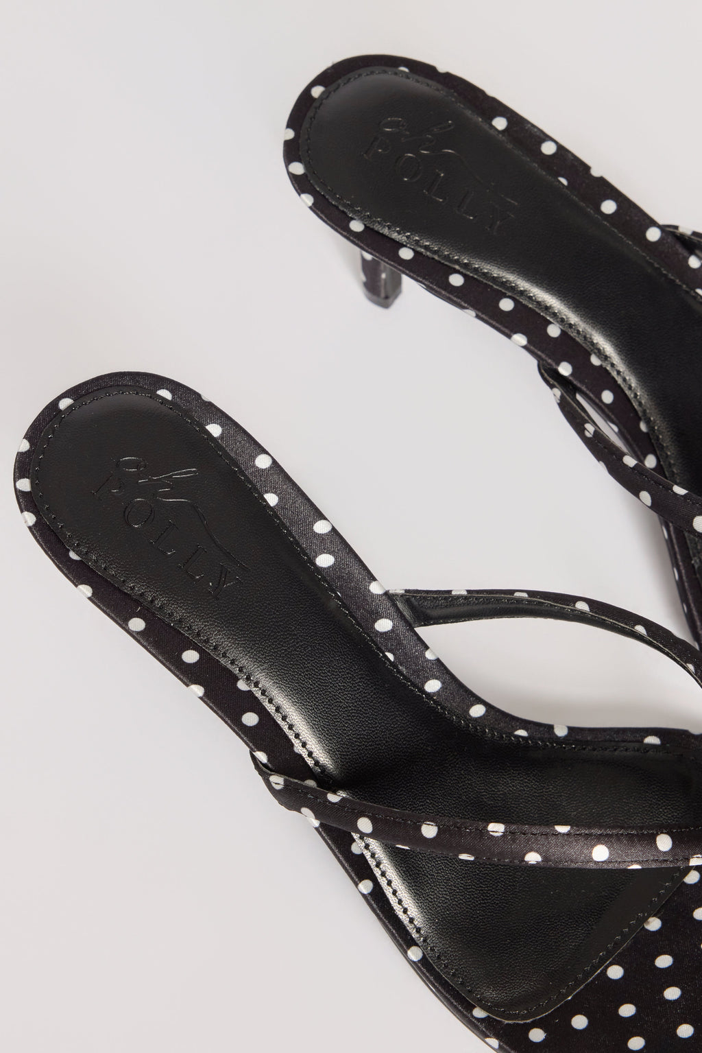 Satin Heeled Thong Sandal in Black Polka Dot