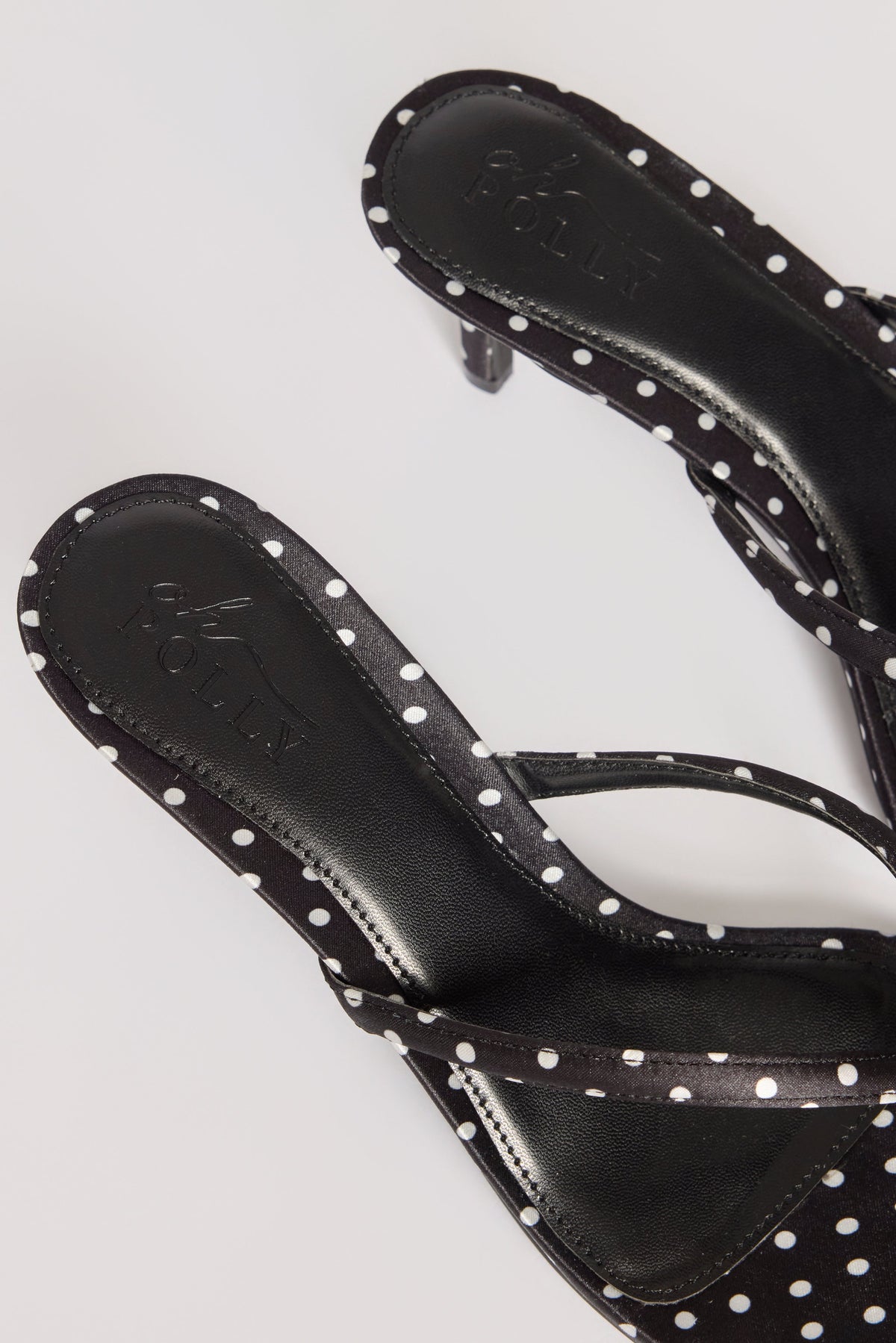 Satin Heeled Thong Sandal in Black Polka Dot