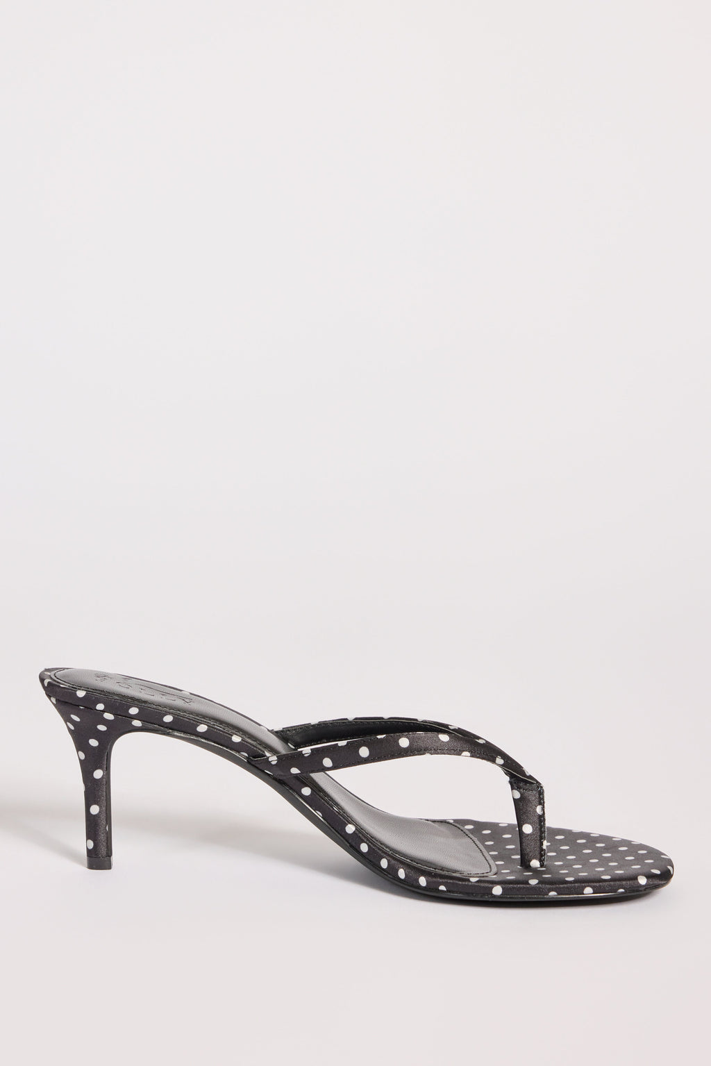 Satin Heeled Thong Sandal in Black Polka Dot