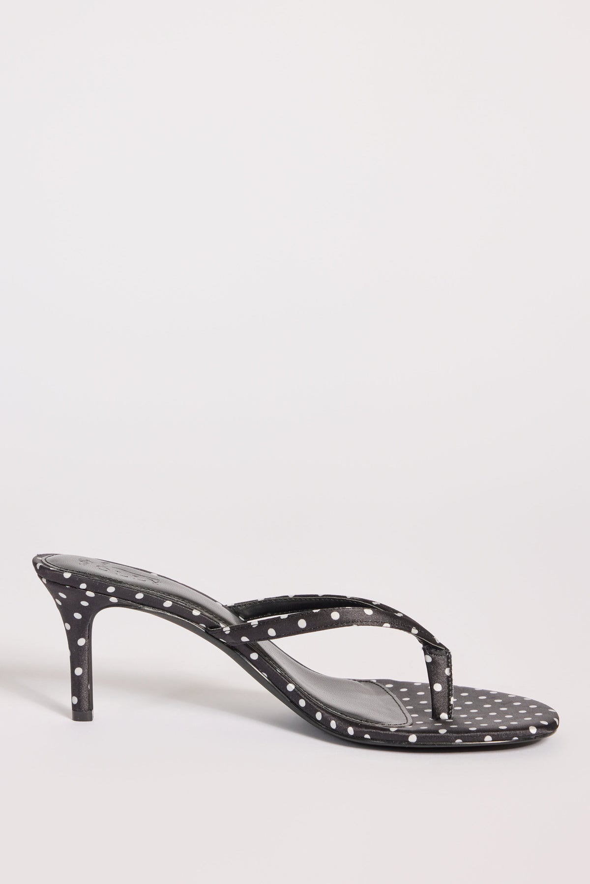 Satin Heeled Thong Sandal in Black Polka Dot