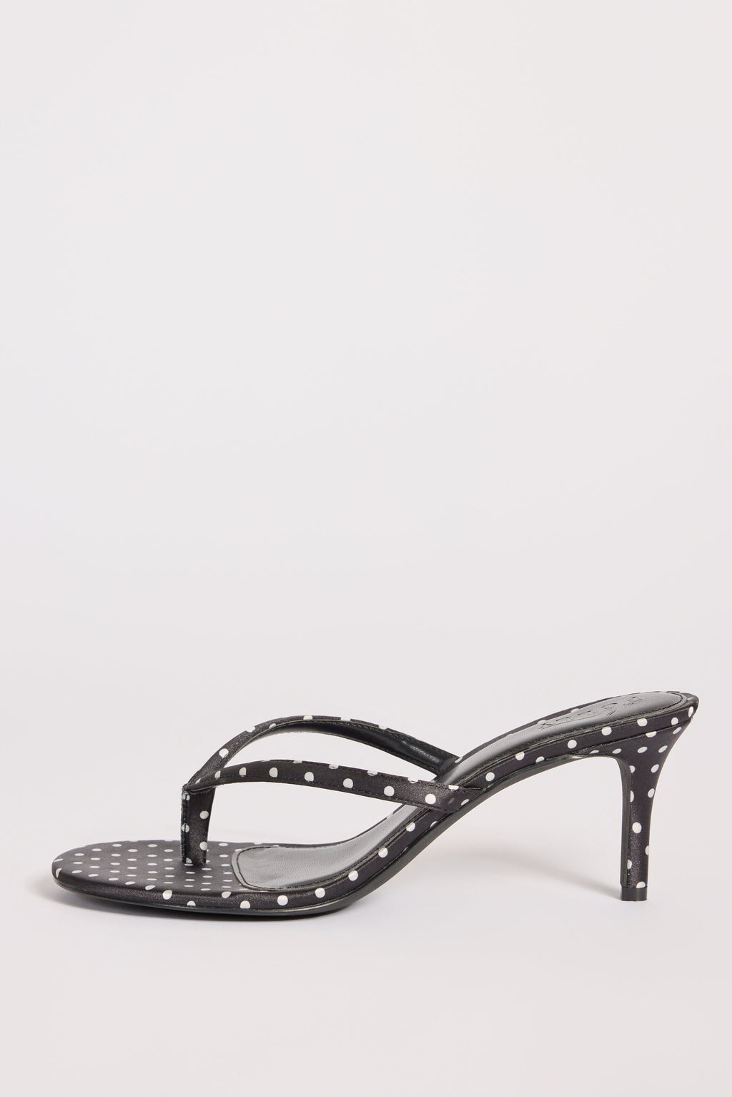 Satin Heeled Thong Sandal in Black Polka Dot