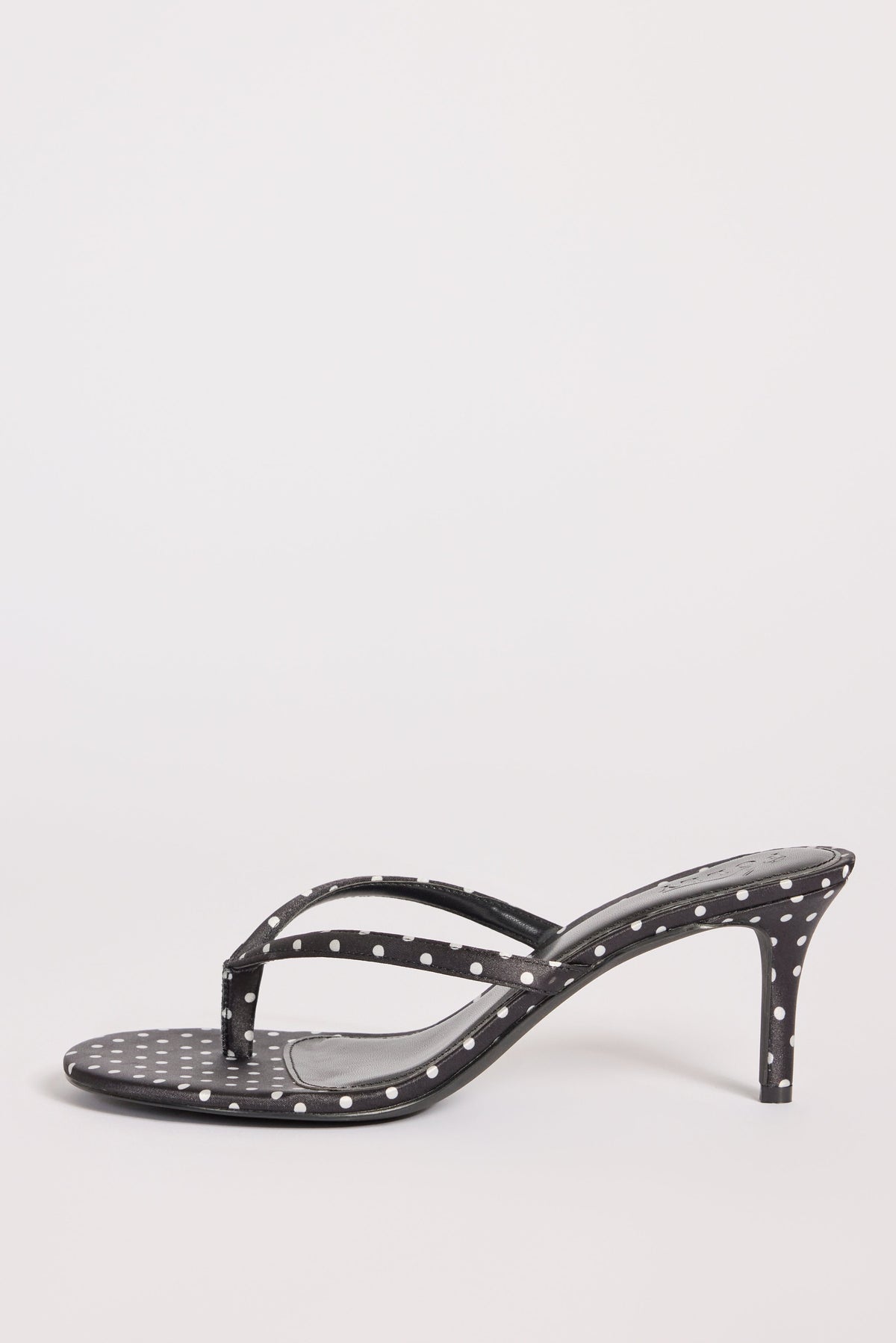 Satin Heeled Thong Sandal in Black Polka Dot