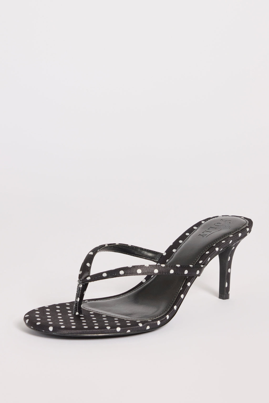 Satin Heeled Thong Sandal in Black Polka Dot