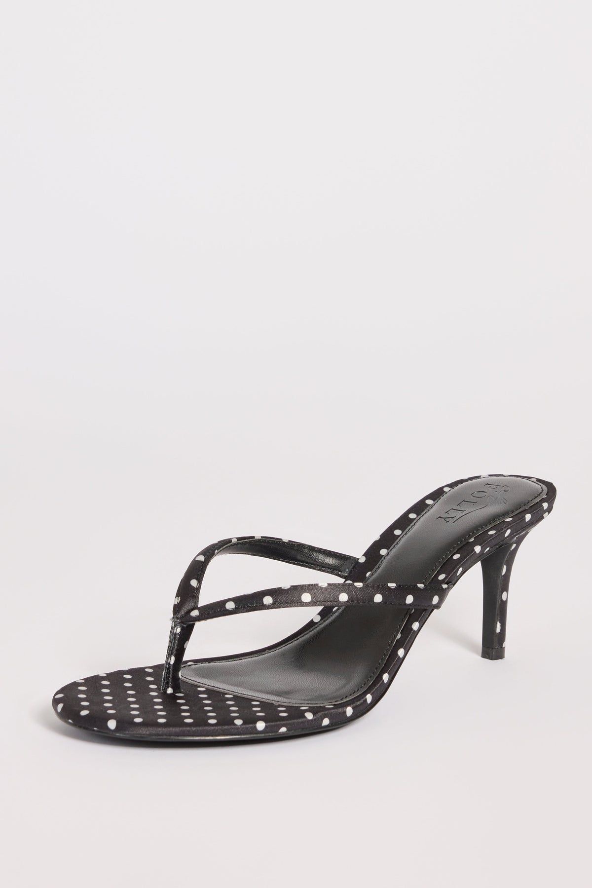 Satin Heeled Thong Sandal in Black Polka Dot