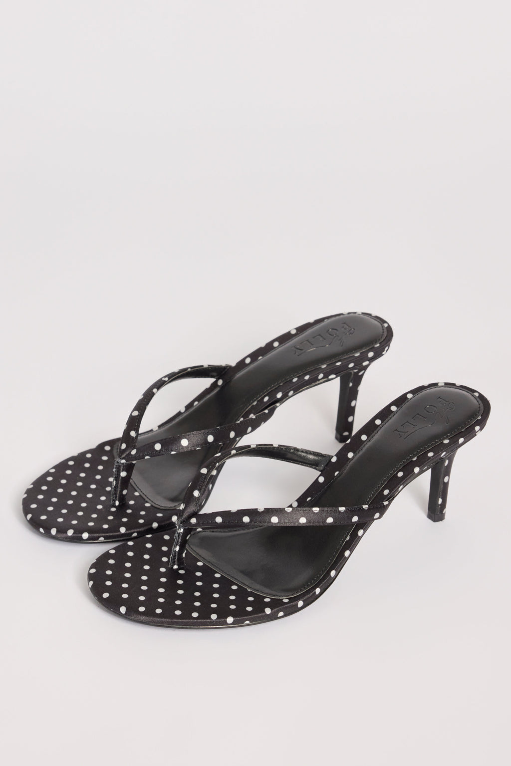 Satin Heeled Thong Sandal in Black Polka Dot