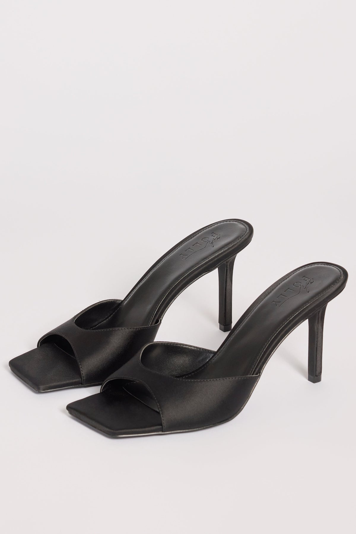 Satin Heeled Mule Sandal in Black