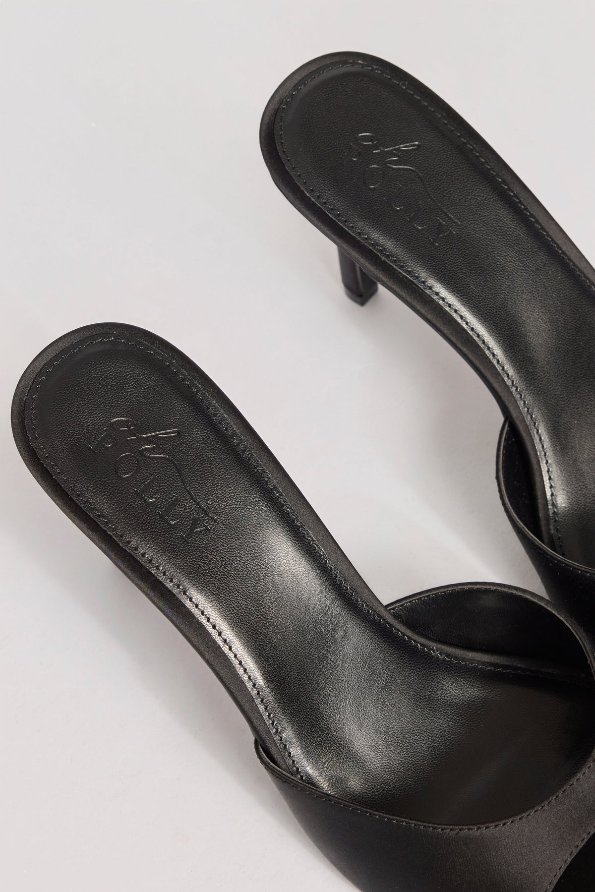 Satin Heeled Mule Sandal in Black