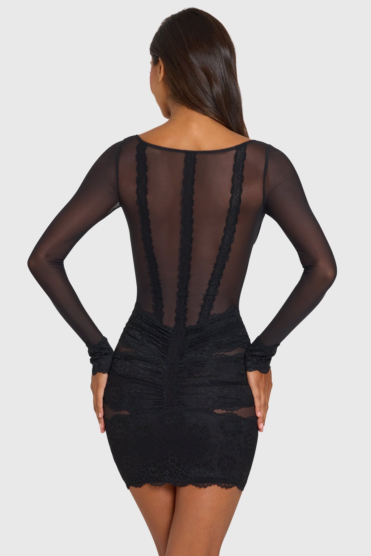 Placed Lace-Trim Long-Sleeve Mini Dress in Black