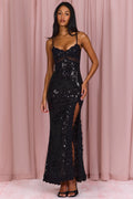 Embellished Lace-Trim Maxi Dress in Black