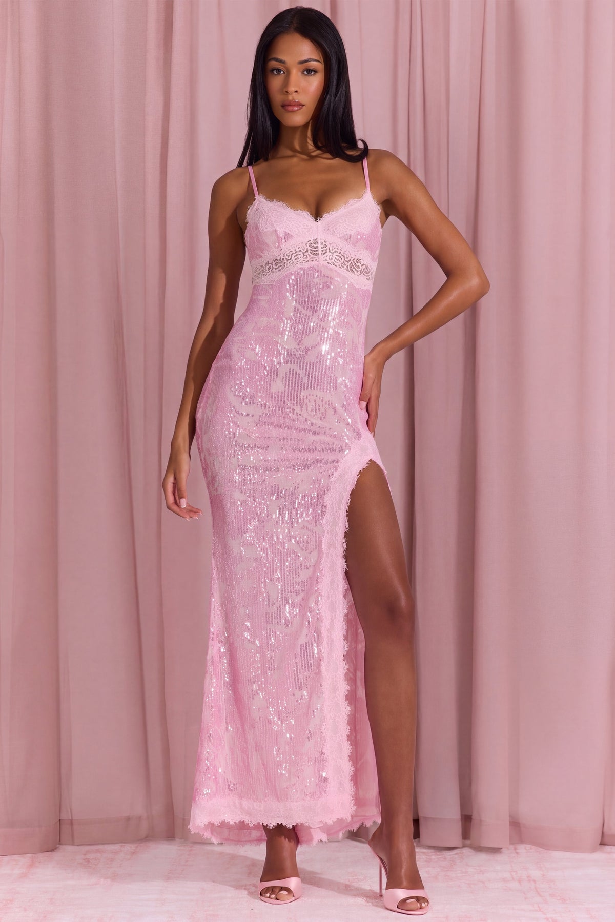 Embellished Lace-Trim Maxi Dress in Blossom Pink