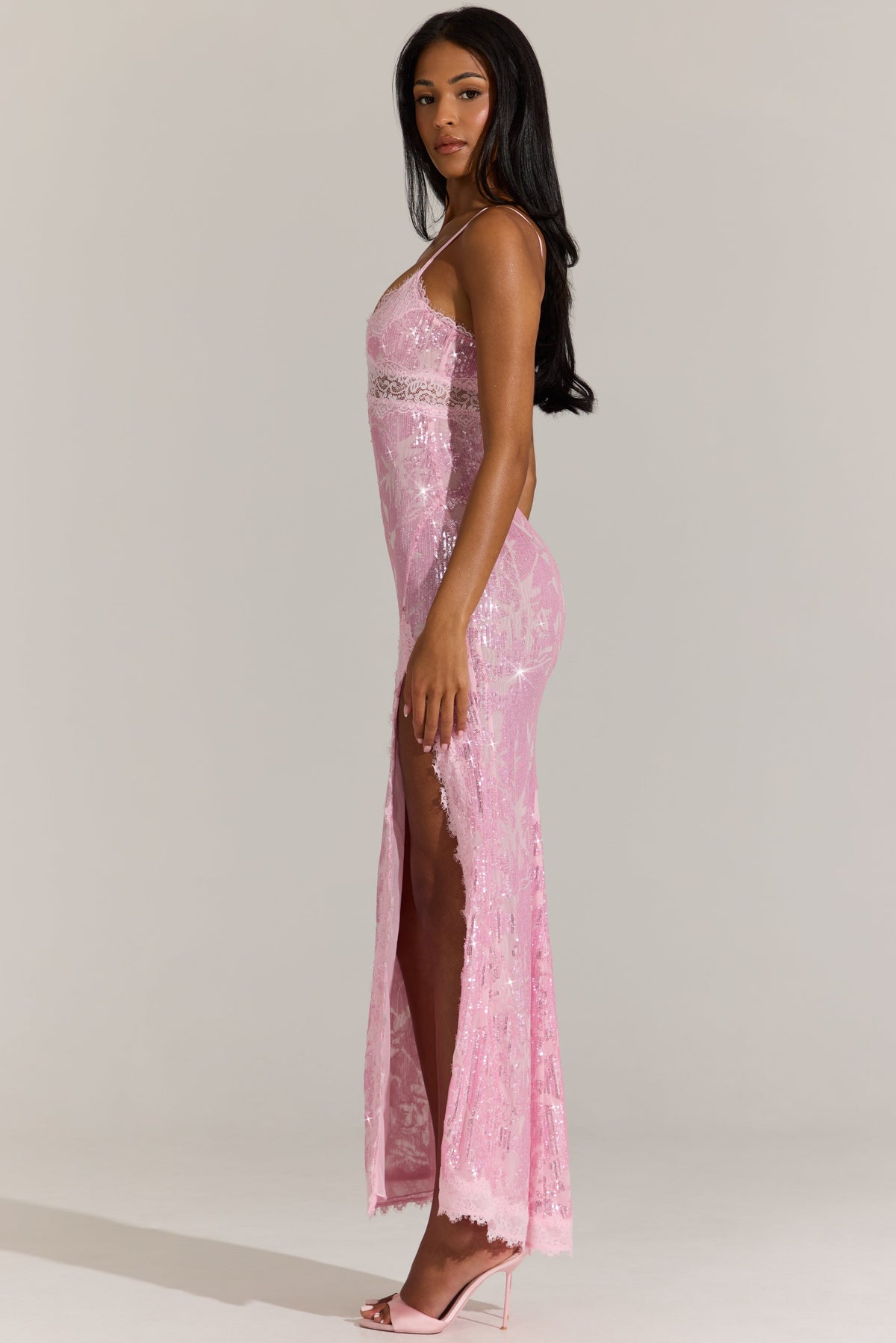 Embellished Lace-Trim Maxi Dress in Blossom Pink
