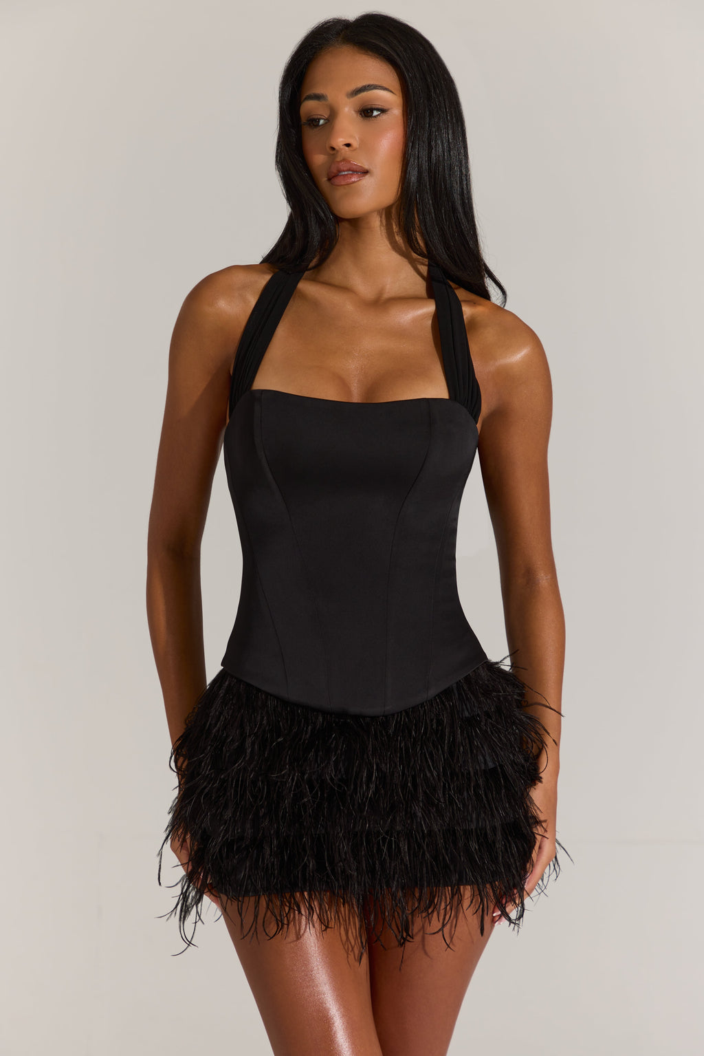 Satin Corset Feathered Mini Dress in Black