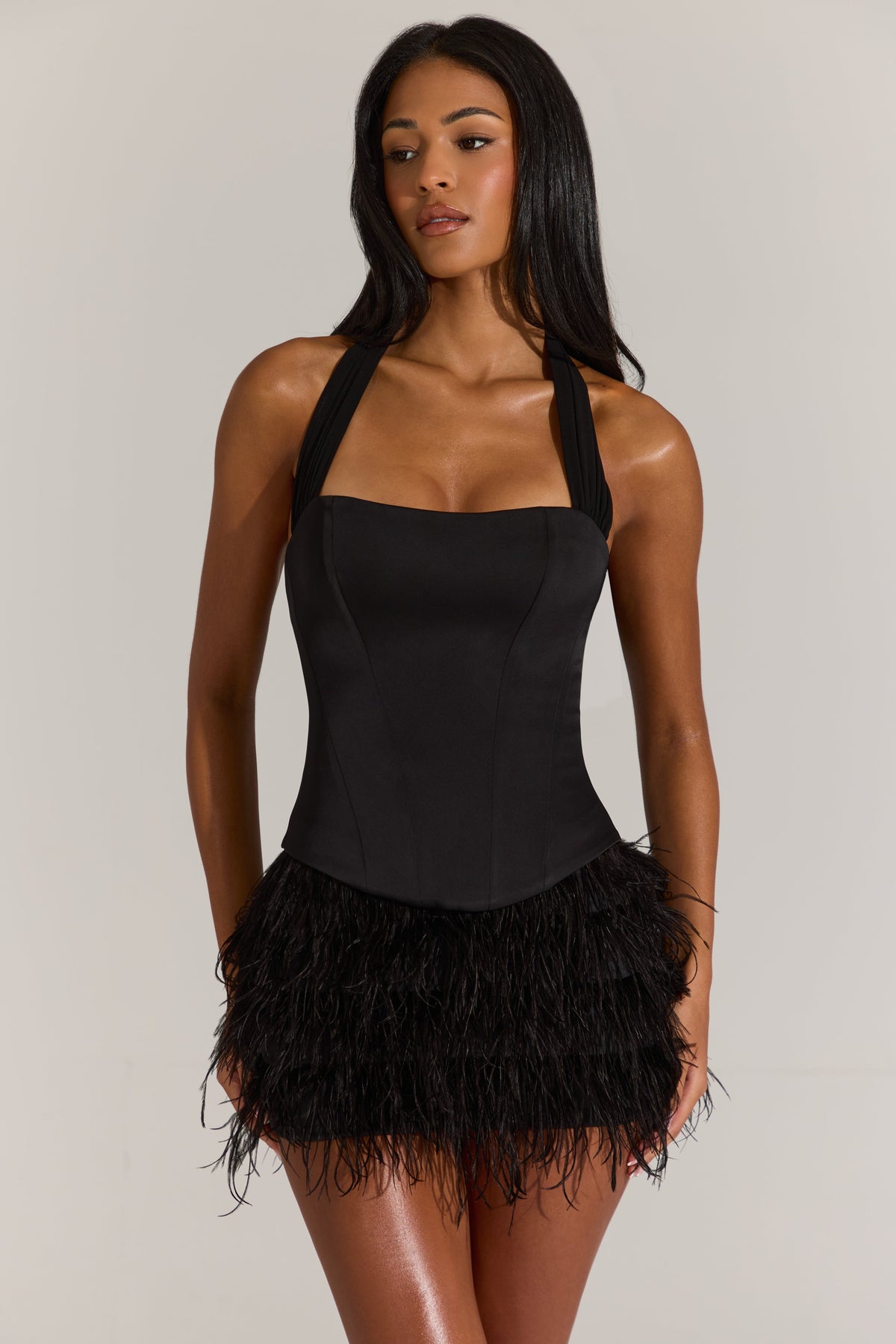 Satin Corset Feathered Mini Dress in Black