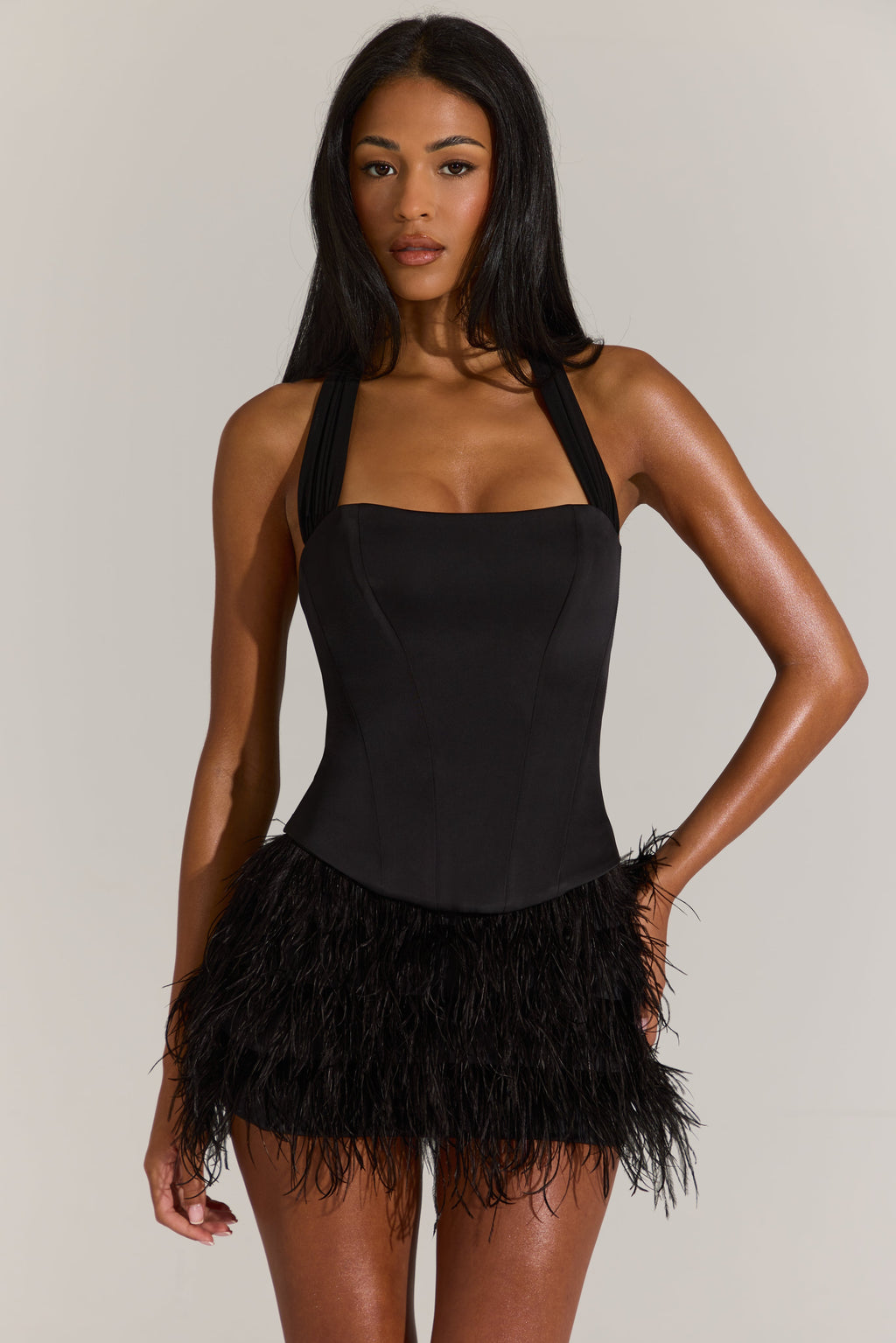 Satin Corset Feathered Mini Dress in Black