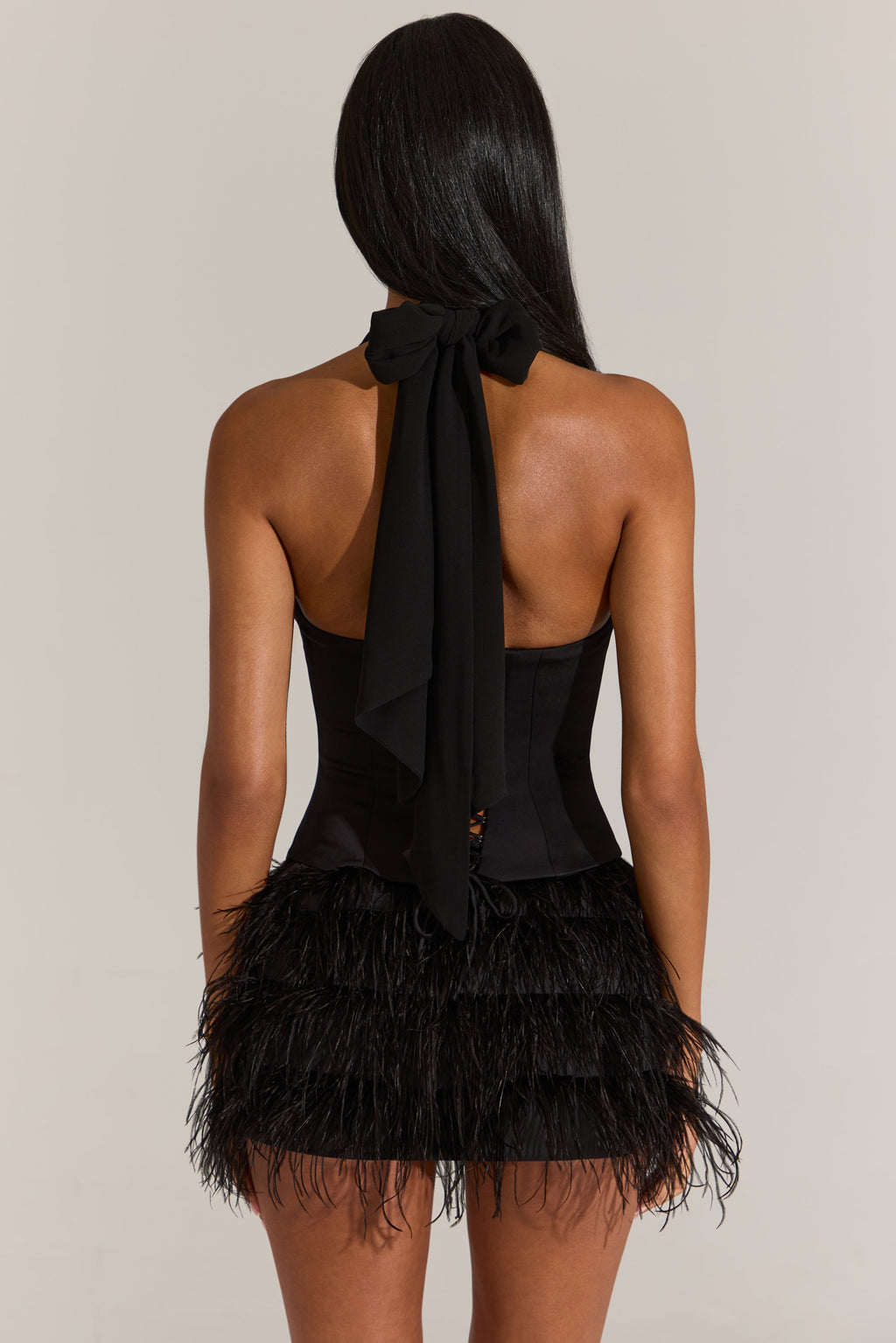 Satin Corset Feathered Mini Dress in Black