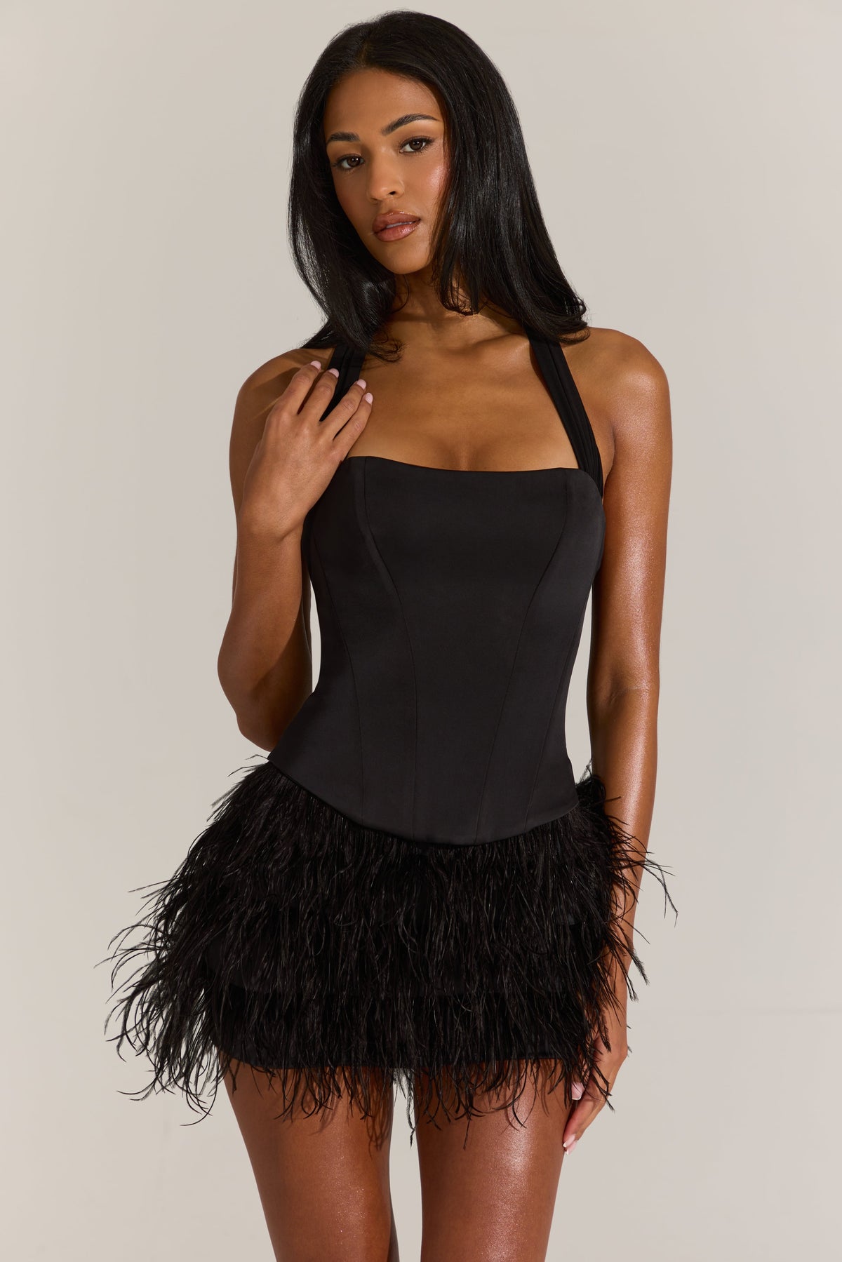 Satin Corset Feathered Mini Dress in Black