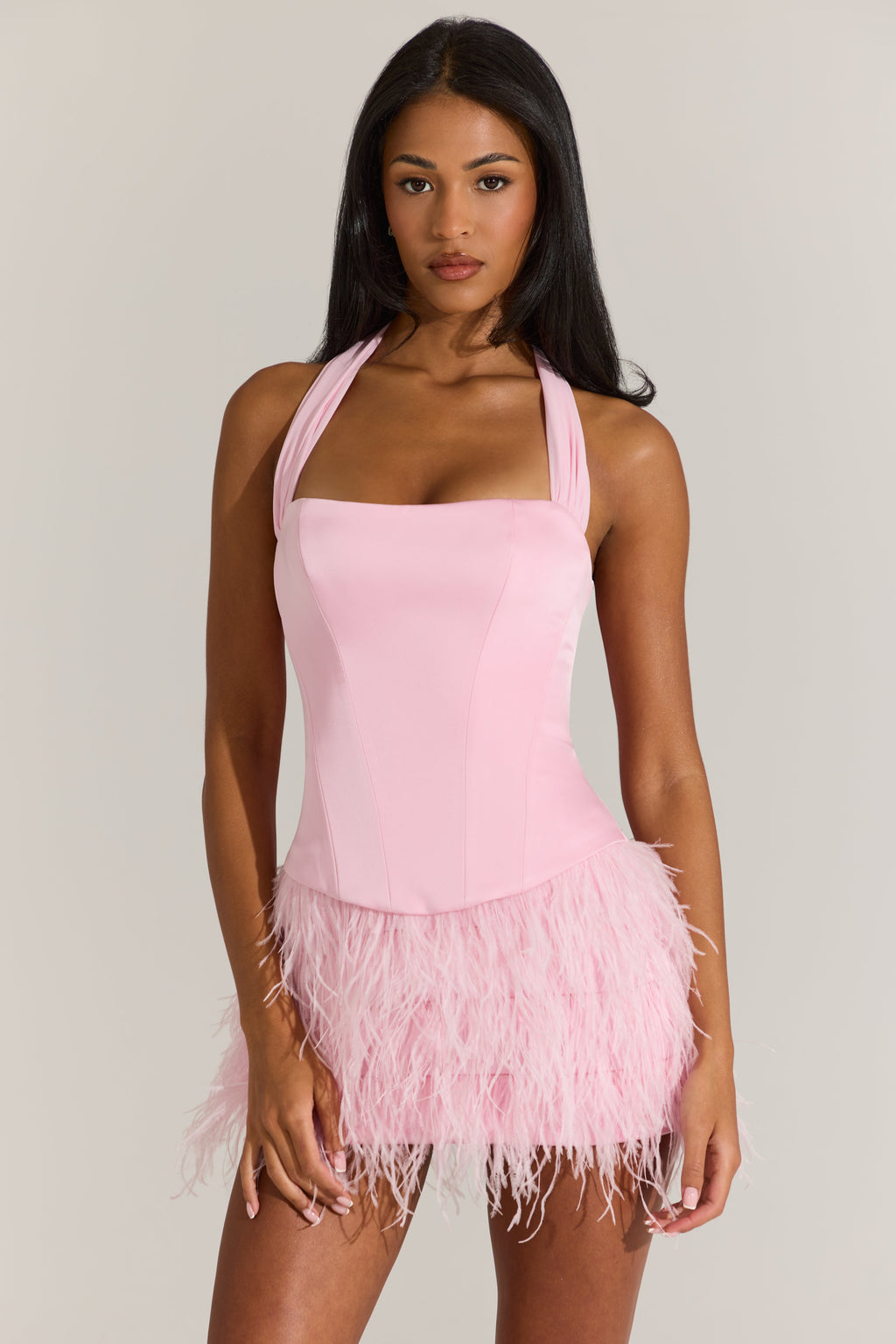 Satin Corset Feathered Mini Dress in Blossom Pink