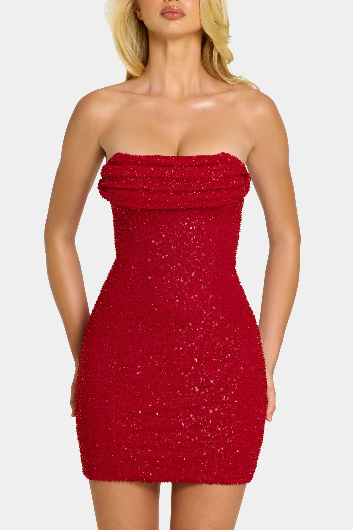 Embellished Strapless Cowl-Neck Mini Dress in Rouge